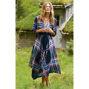 Isabella Sinclair Anthropologie xs navy red tartan surplice plaid midi dress
